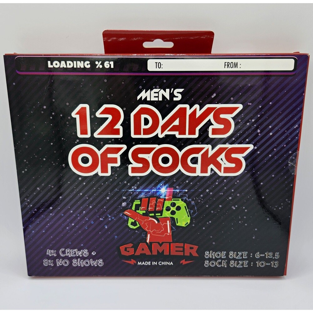 "12 Days Of Socks" Men's Gamer Novelty Socks - Multicolor 12 Pairs (Size 10-13)